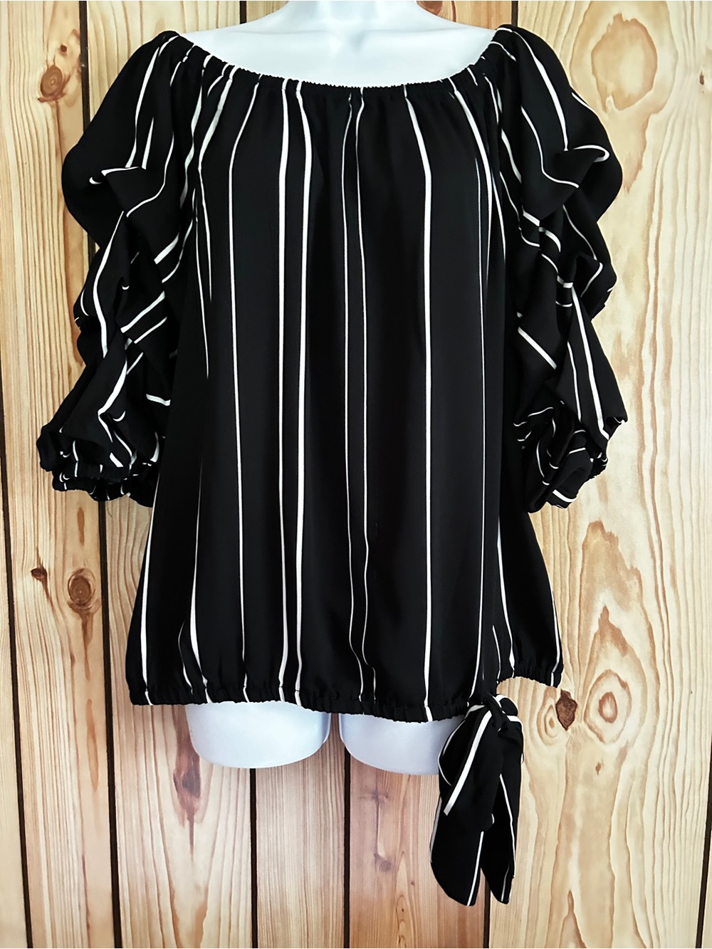 Vince Camuto Off The Shoulder Blouse Women XL Black White Stripe Bell Sleeve Bow